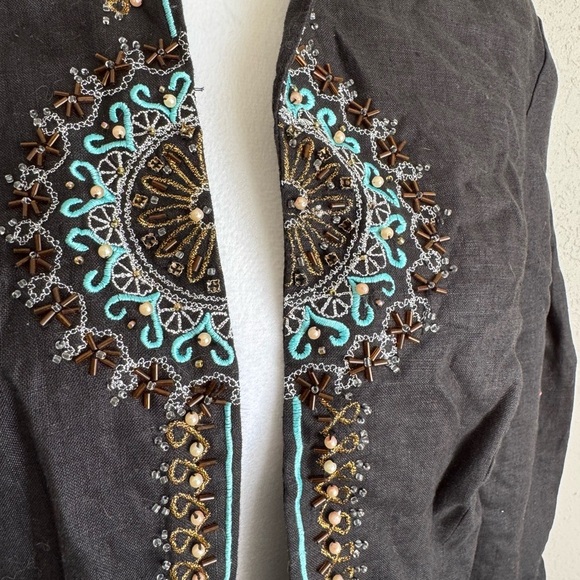 Sarah Spencer Black Linen Beaded Blazer Women’s 8 Shirt Jacket Boho - Picture 2 of 6